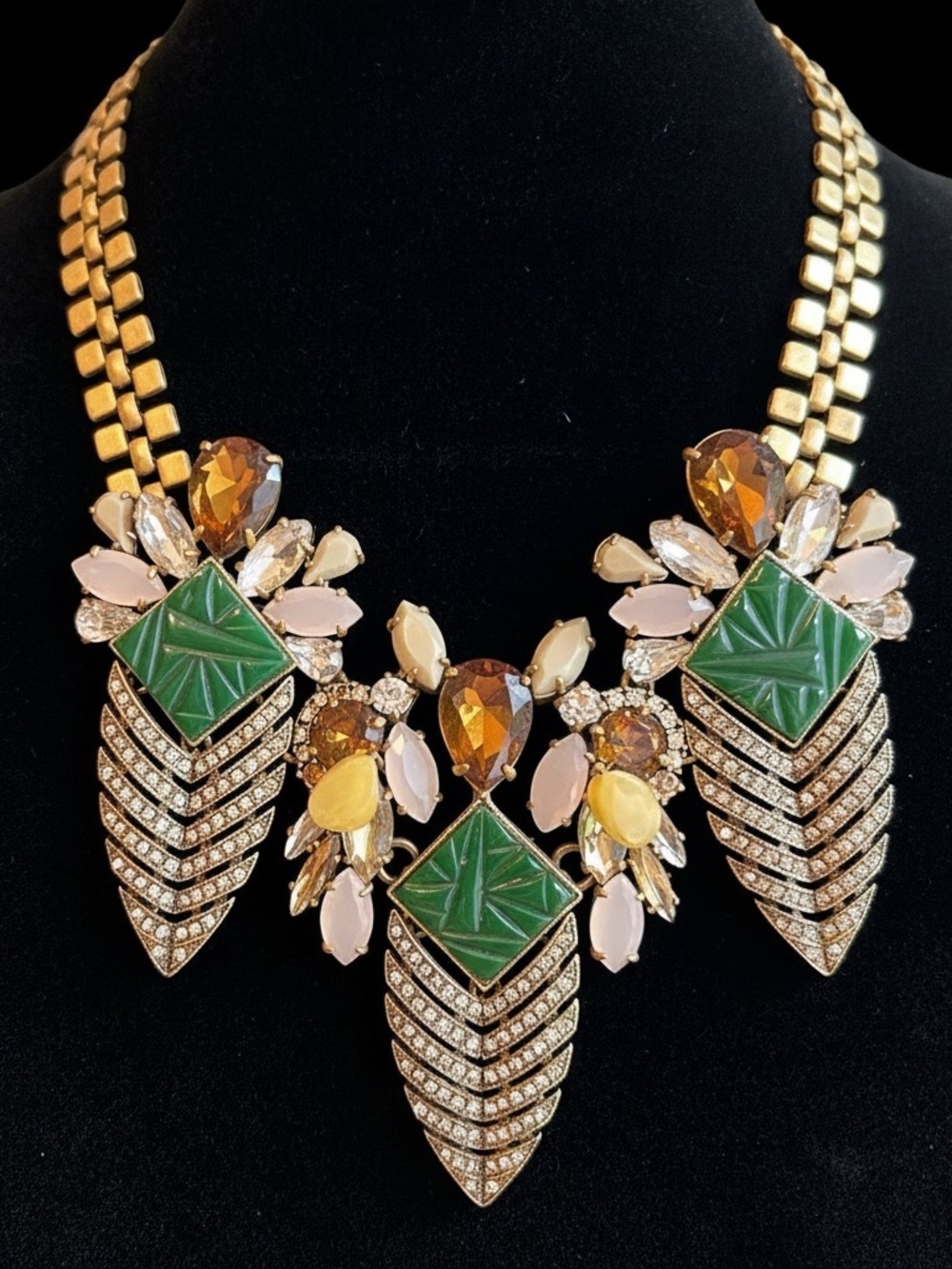 J. Crew Brûlée Crystal And Rhinestone Green and Gold Statement Necklace